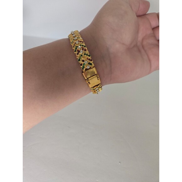 Gold Tone Clamper Bracelet Multicolored Rhinestones One Missing - Picture 5 of 8